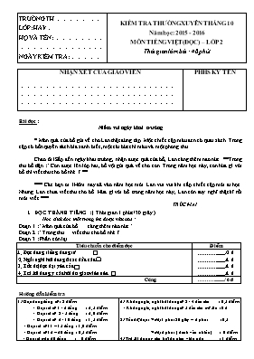 Đề kiểm tra thường xuyên Tháng 10 năm môn Tiếng Việt Lớp 2 - Năm học 2015-2016